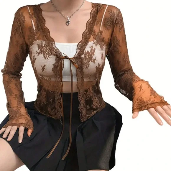 Brown Sheer Lace Cardigan - Picture 2 of 4